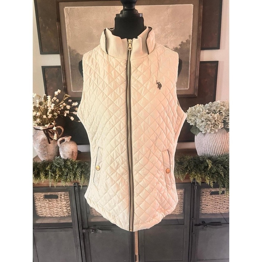 US Polo Assn Womens Cream Quilted Zip Front Vest Large Off White Gold Hardware